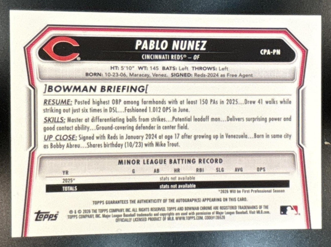 2026 Bowman Pablo Nunez Chrome Auto Green Lava /99 1st Prospect Cincinnati Reds - Sports Cards