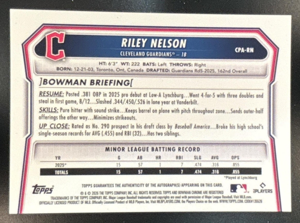 2026 Bowman Riley Nelson Chrome Auto Orange Wave /25 1st Prospect Guardians - Sports Cards
