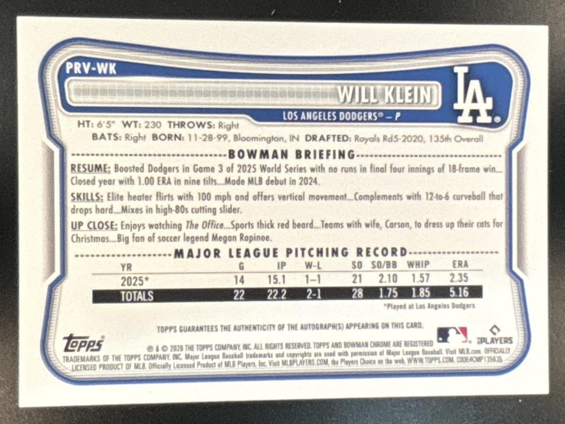 2026 Bowman Will Klein Auto Blue Border /150 #PRV-WK Los Angeles Dodgers - Sports Cards
