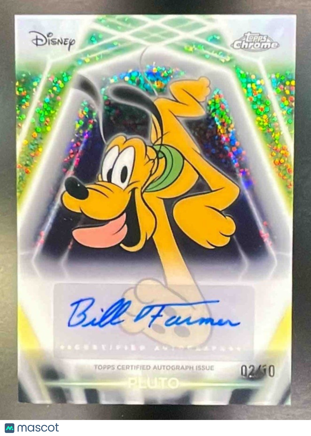2026 Disney Neon Bill Farmer Pluto Chrome Etch Auto Black Speckle Refractor 2/10 - Non-Sports Cards