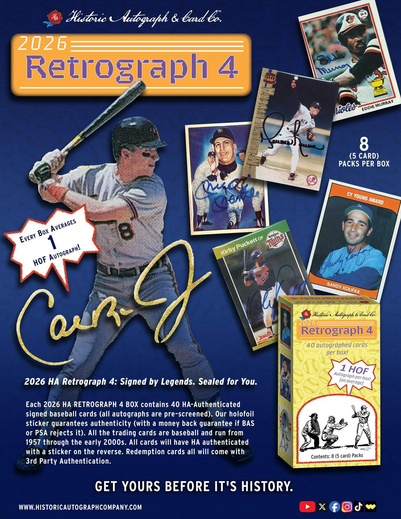 2026 Historic Autographs Retrograph 4 Baseball Hobby Box (40 Autographs including 1 HOF Auto) - Hobby Box