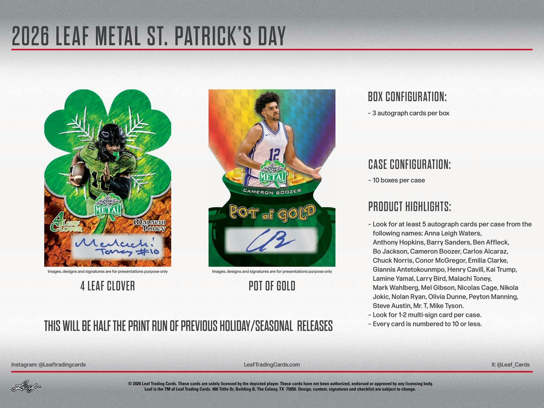 2026 Leaf Metal St. Patrick’s Day Hobby Box (3 Autos) Multi-Sport Entertainment - Hobby Box