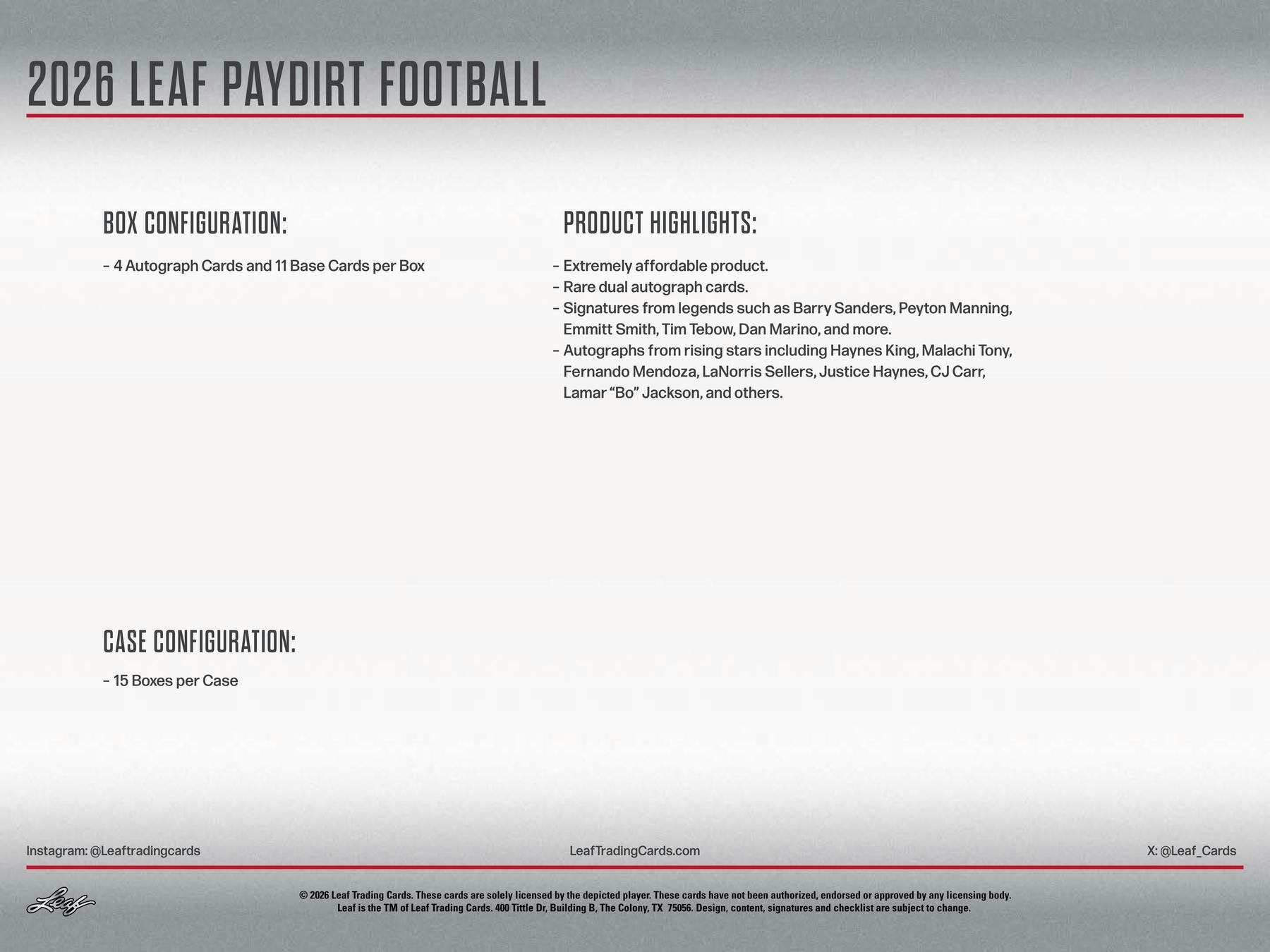 2026 Leaf Paydirt Football Hobby Box (4 Autos) - Hobby Box
