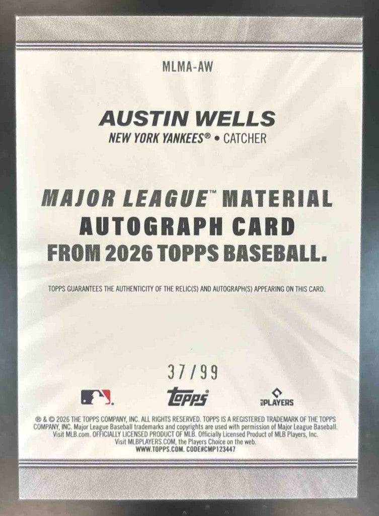 2026 Topps Austin Wells Major League Patch Auto Green /99 MEM New York Yankees - Sports Cards