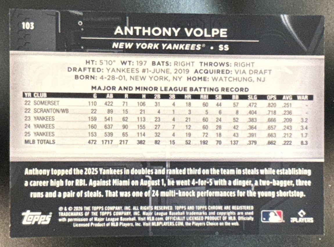2026 Topps Chrome Black Anthony Volpe Orange Refractor /25 #103 New York Yankees - Sports Cards