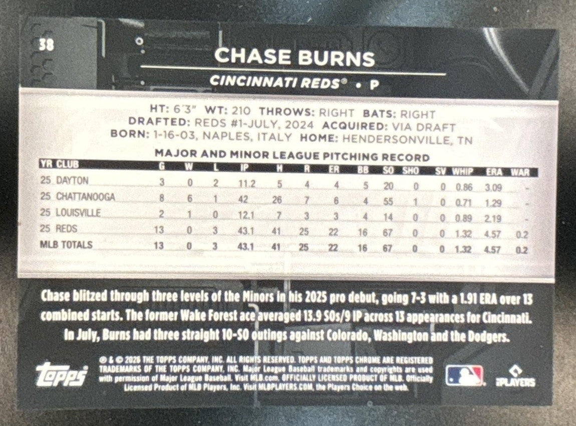 2026 Topps Chrome Black Chase Burns Purple Refractor /75 #38 RC Cincinnati Reds - Sports Cards