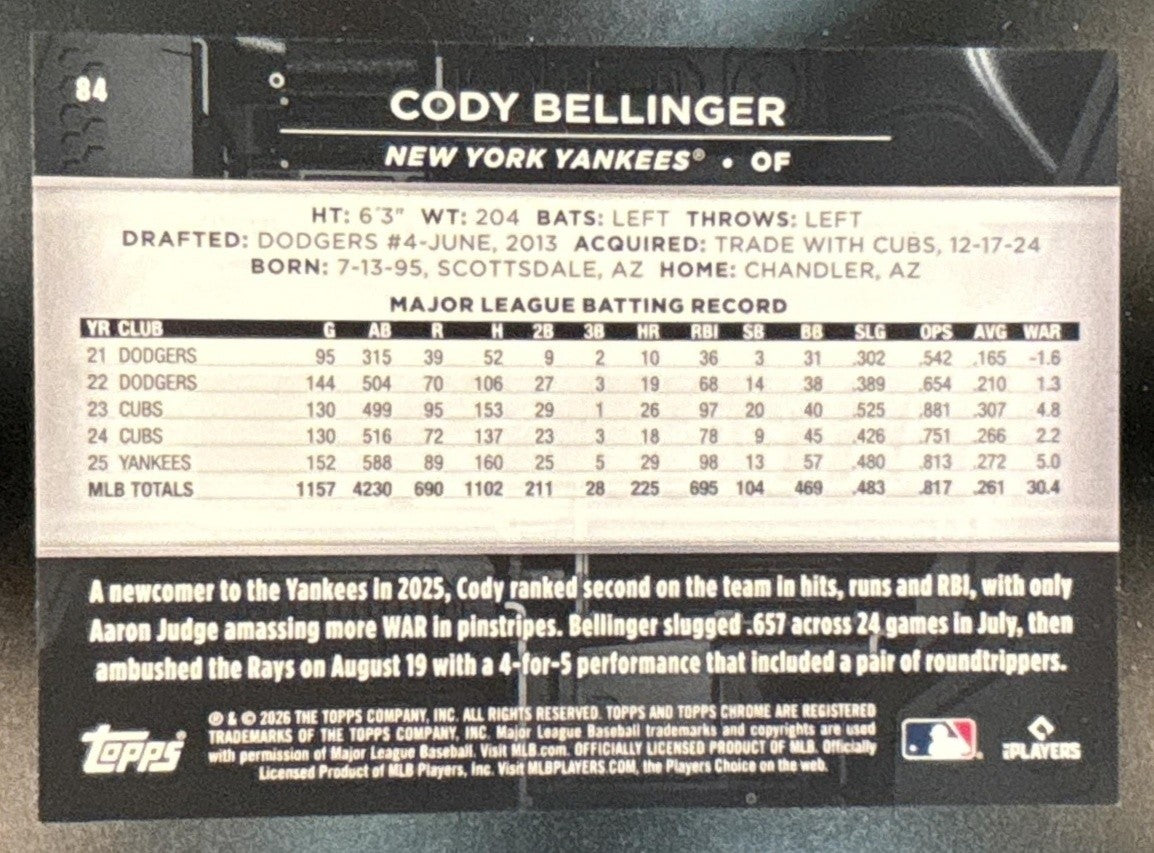 2026 Topps Chrome Black Cody Bellinger Blue Refractor /150 #84 New York Yankees - Sports Cards