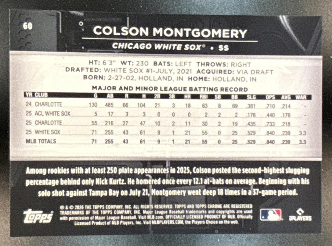 2026 Topps Chrome Black Colson Montgomery Purple /75 #60 RC Chicago White Sox - Sports Cards