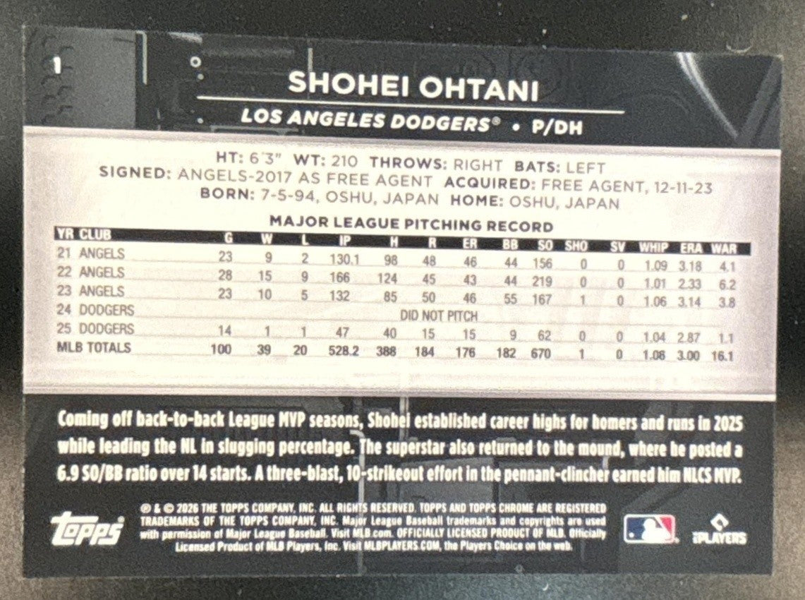 2026 Topps Chrome Black Shohei Ohtani Purple Refractor /75 #1 Dodgers - Sports Cards