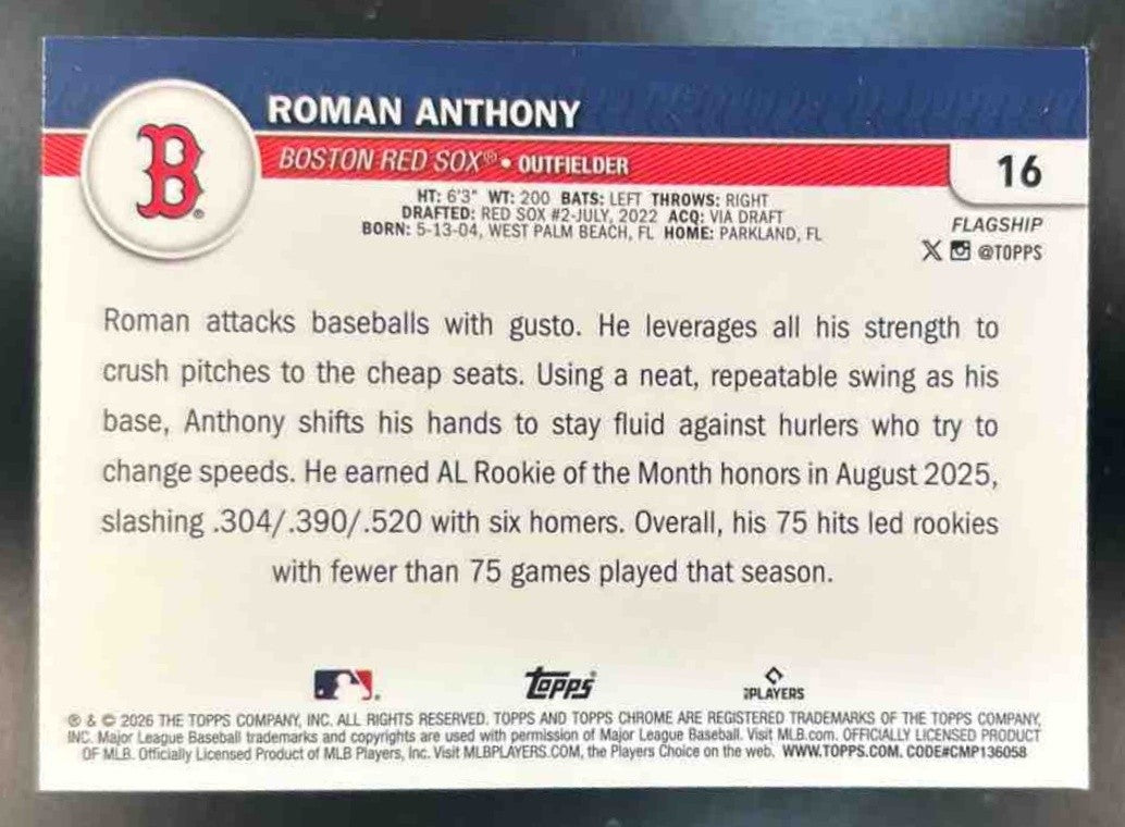 2026 Topps Collection Roman Anthony Chrome Refractor #16 RC Boston Red Sox - Sports Cards