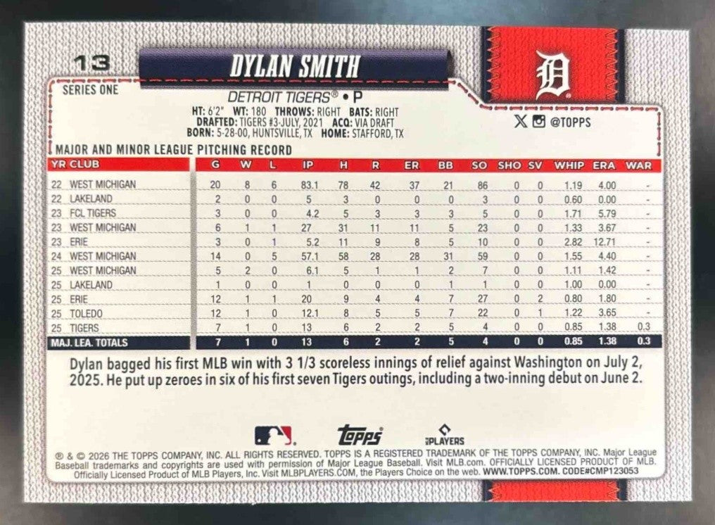 2026 Topps Dylan Smith Pink Diamante Foil #13 RC Detroit Tigers - Sports Cards