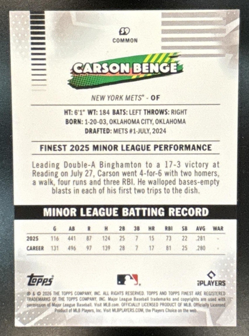 2026 Topps Finest Carson Benge White Refractor /30 #59 RC New York Mets - Sports Cards
