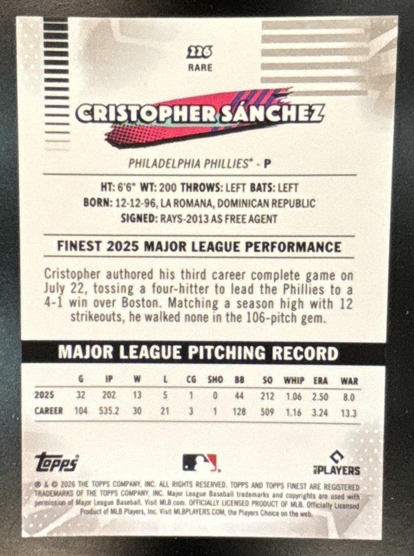 2026 Topps Finest Cristopher Sanchez Rare White /30 #226 Philadelphia Phillies - Sports Cards