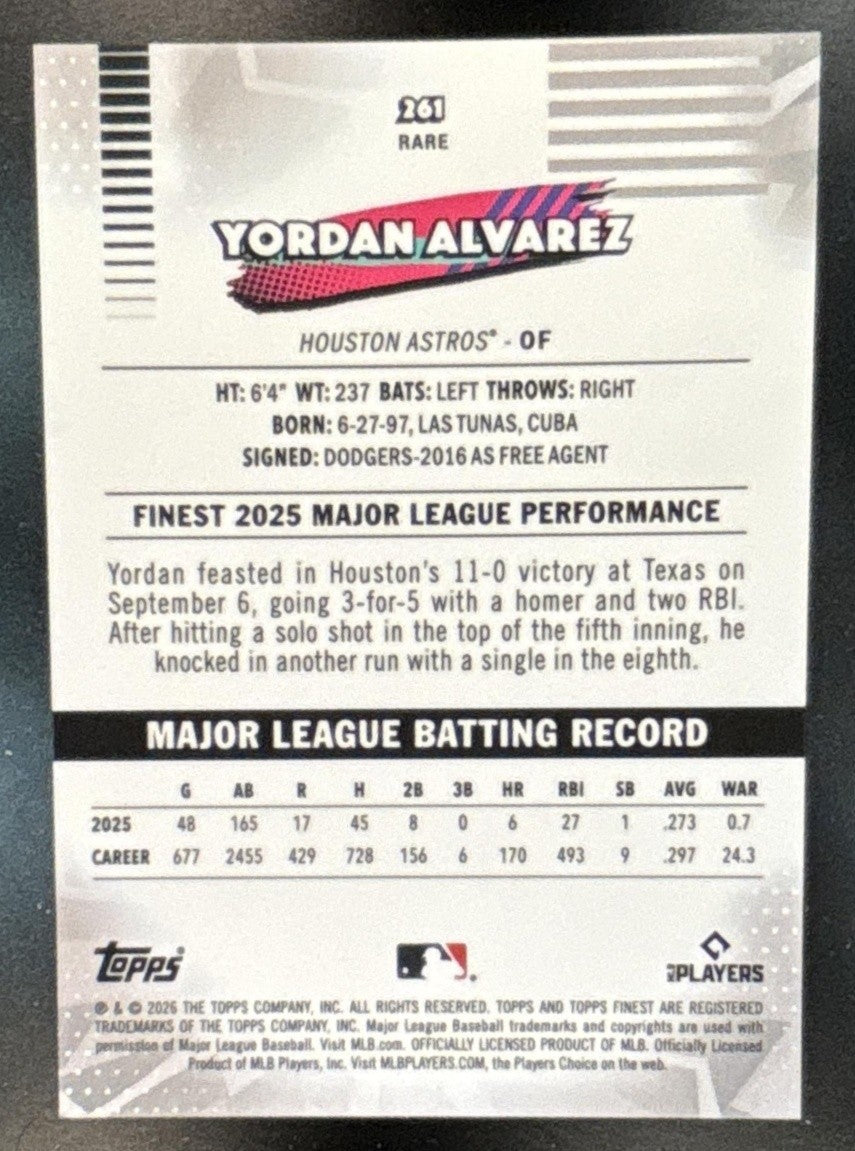 2026 Topps Finest Yordan Alvarez Rare Black Refractor /10 #261 Houston Astros - Sports Cards