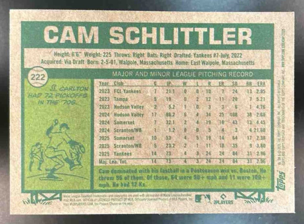 2026 Topps Heritage Cam Schlittler Chrome Silver Sparkle #222 RC Yankees - Sports Cards