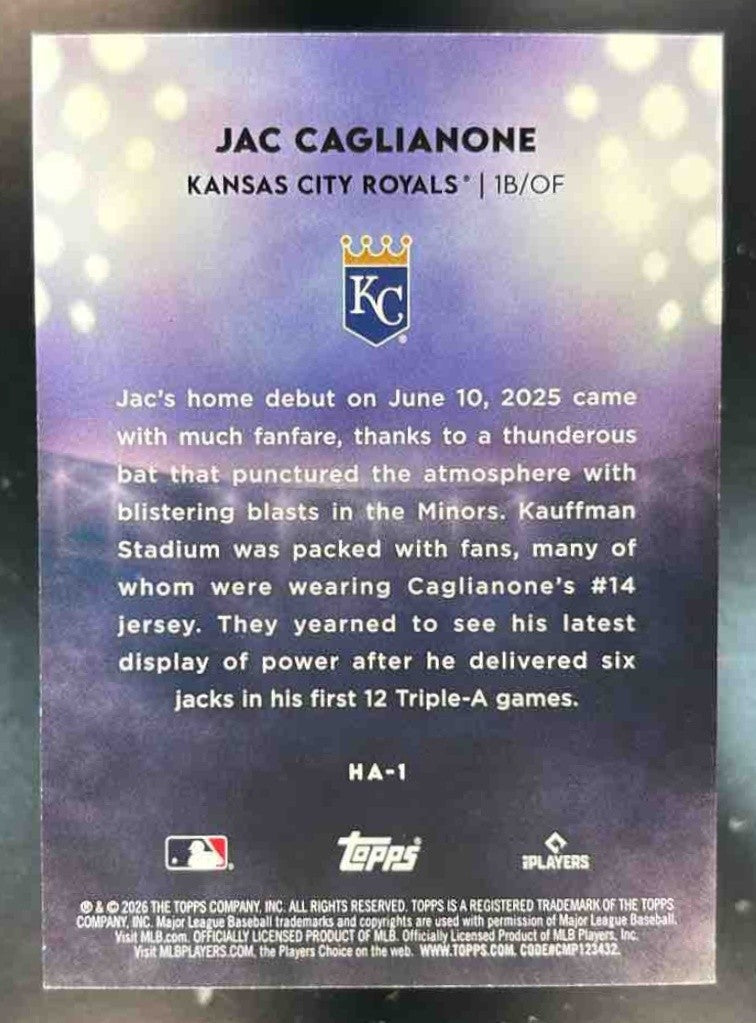 2026 Topps Jac Caglianone Home Field Advantage #HA-1 RC Kansas City Royals - Sports Cards