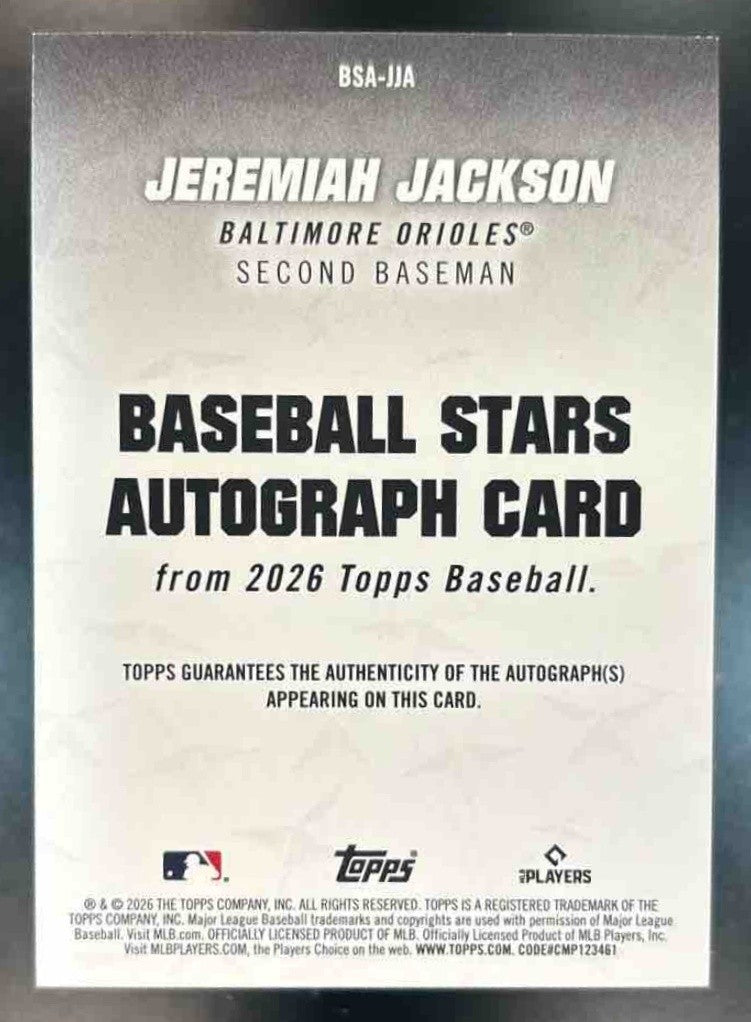 2026 Topps Jeremiah Jackson Baseball Stars Auto #BSA-JJA RC Baltimore Orioles - Sports Cards