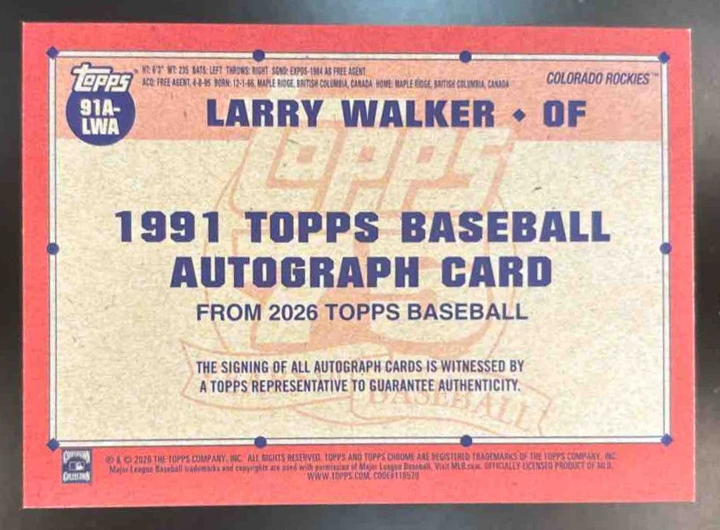 2026 Topps Larry Walker 1991 Auto #91A-LWA Colorado Rockies - Sports Cards