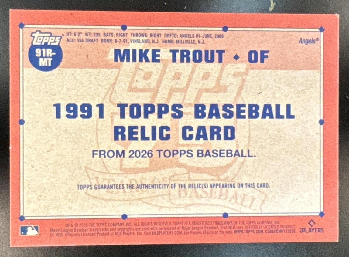2026 Topps Mike Trout 1991 Relic #91R-MT MEM Angels - Sports Cards