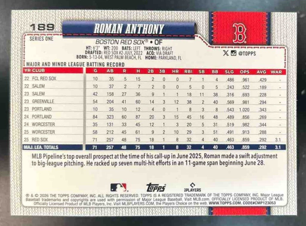 2026 Topps Roman Anthony Diamante Foil #189 RC Boston Red Sox - Sports Cards