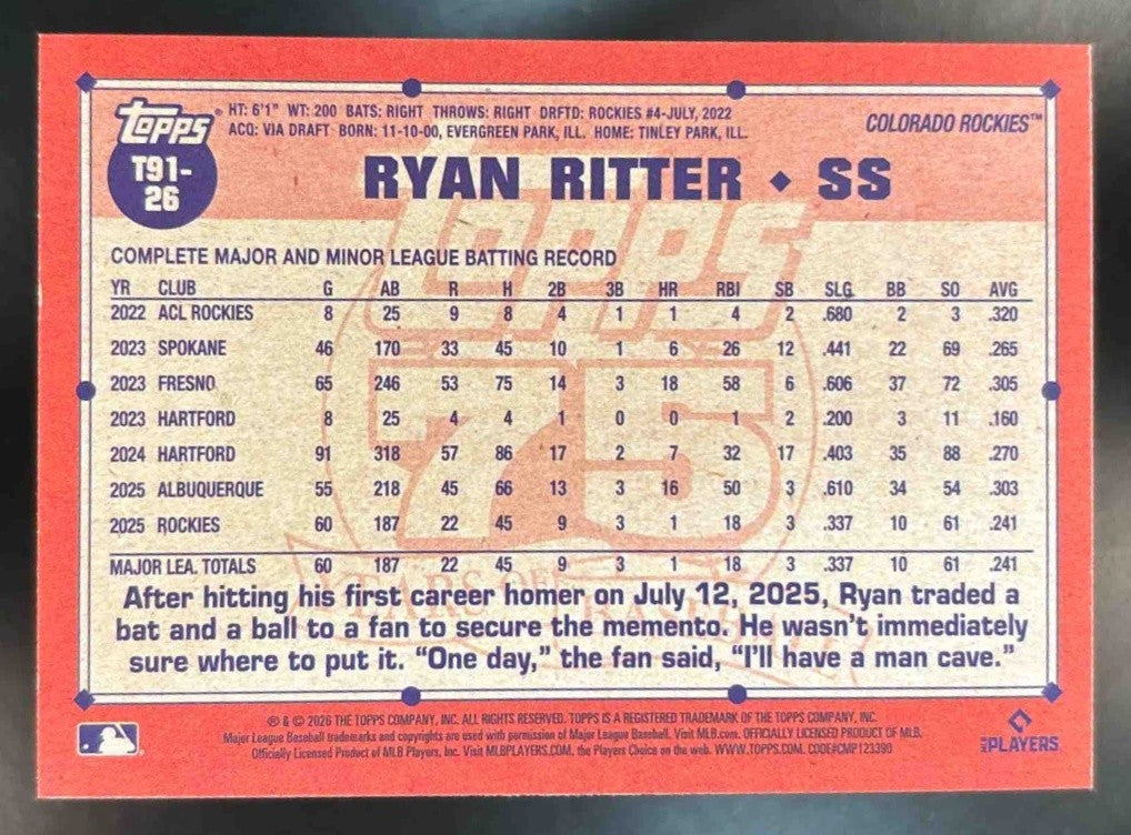 2026 Topps Ryan Ritter 1991 Pink #T91-26 RC Colorado Rockies - Sports Cards