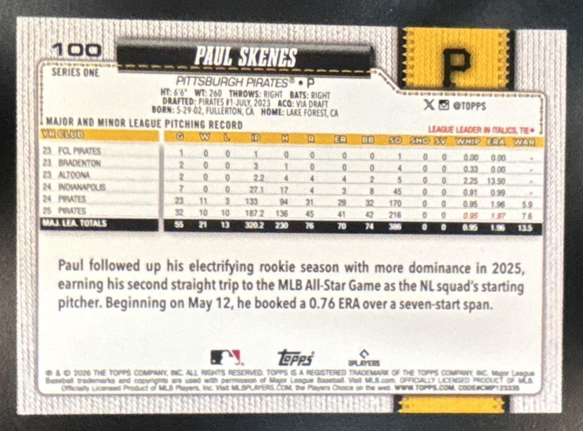 2026 Topps Series 1 Paul Skenes Team Color Border #100 Pittsburgh Pirates - Sports Cards