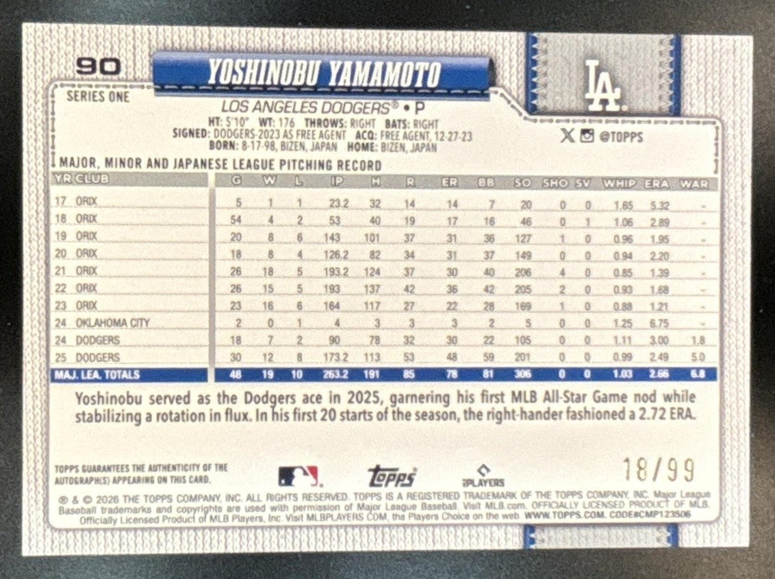 2026 Topps Series 2 Yoshinobu Yamamoto Real One Auto Green /99 Dodgers - Sports Cards