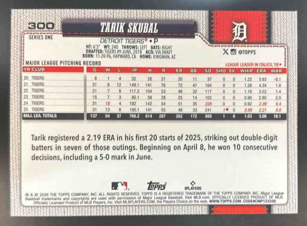 2026 Topps Tarik Skubal Team Color Border Variation SP #300 Detroit Tigers - Sports Cards