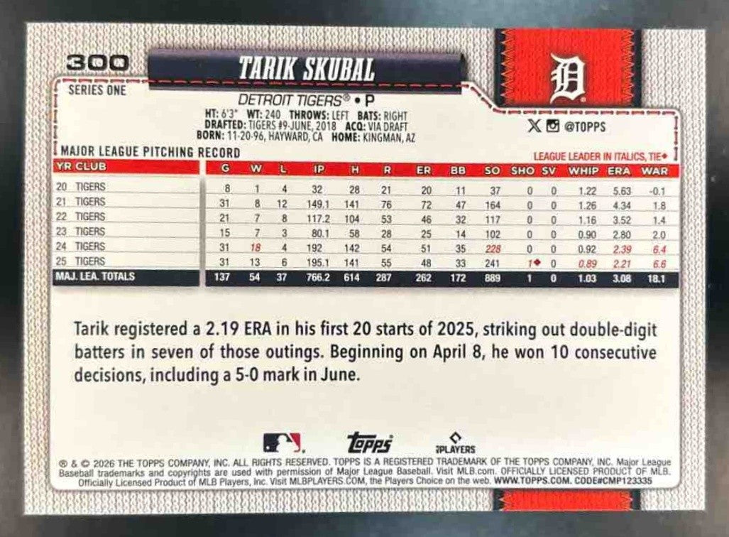 2026 Topps Tarik Skubal Team Color Border Variation SP #300 Tigers - Sports Cards