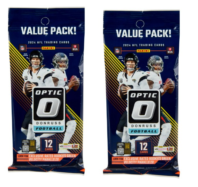 Two (2) Packs of 2024 Donruss Optic Football Value Pack Cello 12 Card Fat Pack (Green Velocity Inserts)