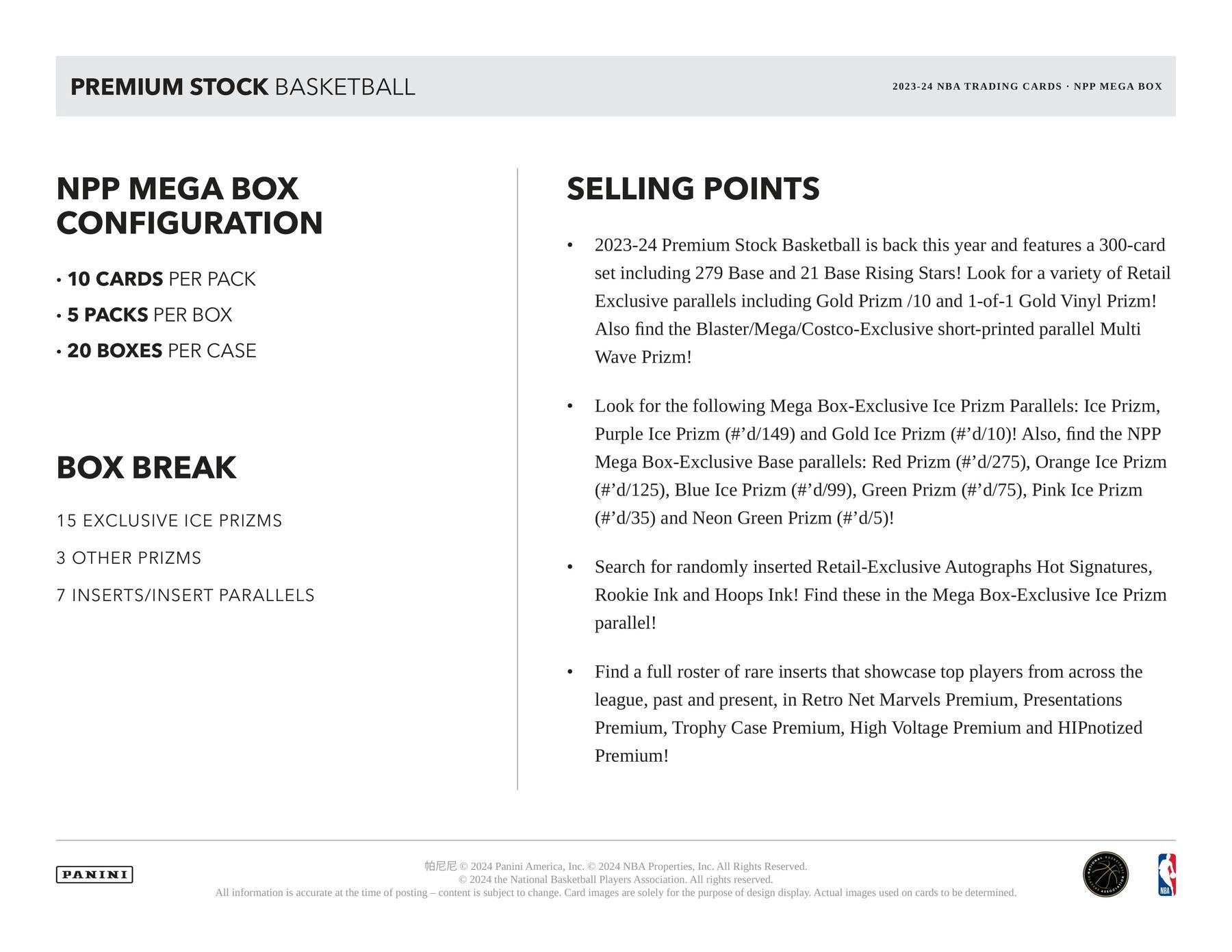 MEGA 2023/24 Panini Hoops Premium Stock Basketball Mega Box (18 Prizm Inserts)