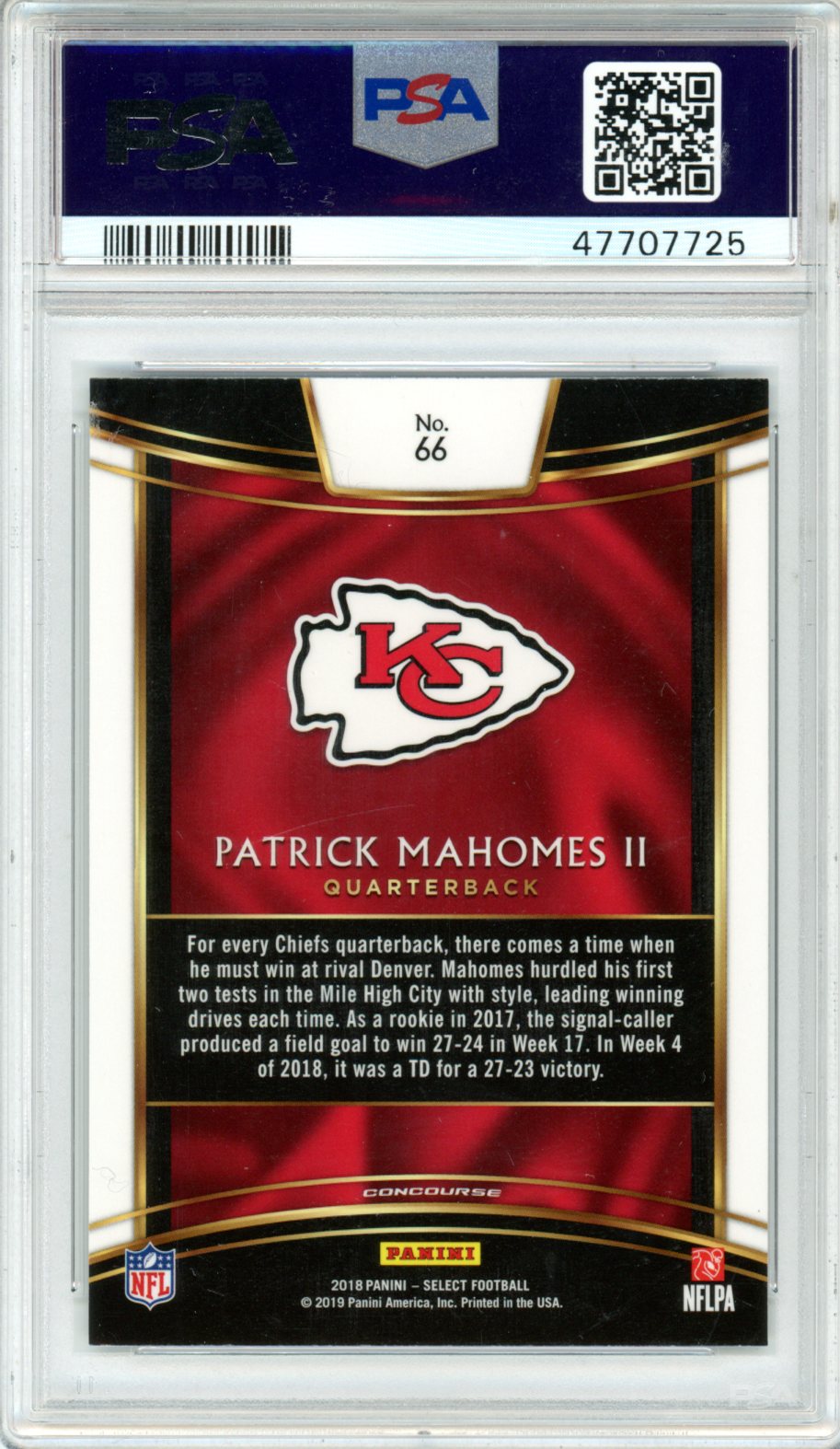 2018 Panini Select Patrick Mahomes II #66 PSA 10