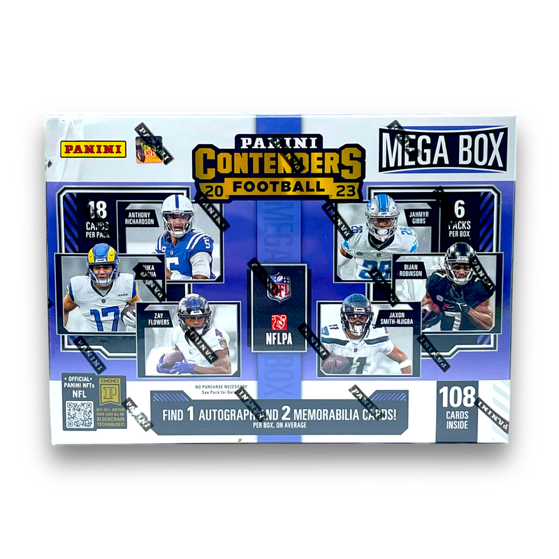 MEGA 2023 Panini Contenders ROYAL BLUE HOBBY MEGA Football Box (1 Auto and 2 Mem) 108 Cards