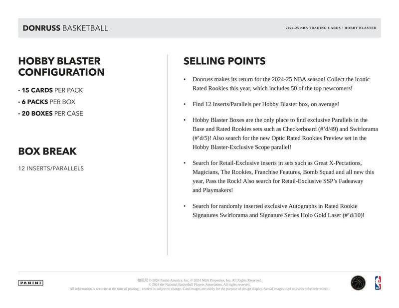 Hobby 2024/25 Panini Donruss Basketball Hobby Blaster Box (12 Inserts/Parallels)