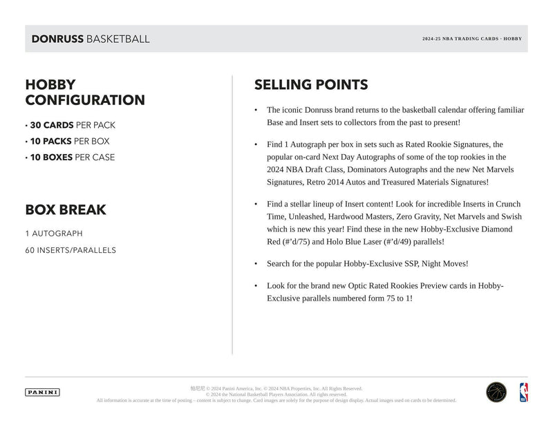 2024/25 Panini Donruss Basketball Hobby Box (1 Auto Sixty Inserts/Parallels)