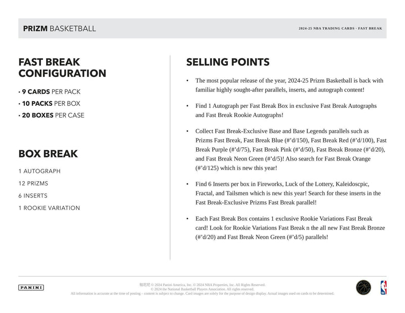 2024/25 Panini Prizm Basketball Fast Break Box (1 Auto / 12 Prizms)