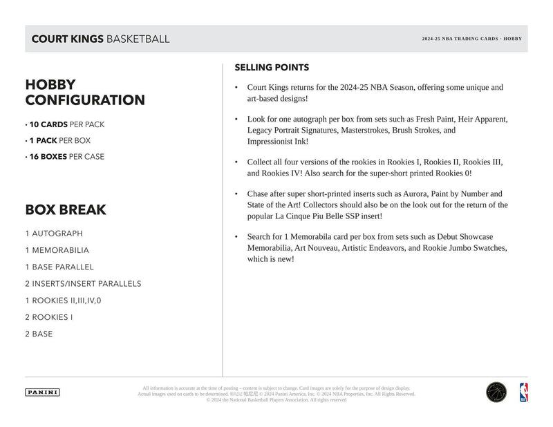 2024/25 Panini Court Kings Basketball Hobby Box (1 Autos and Mem)