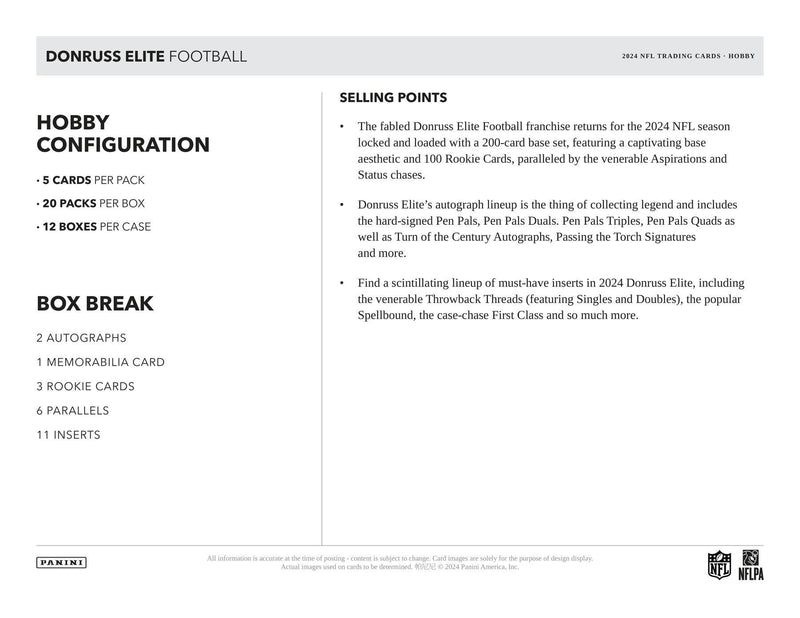 2024 Panini Donruss Elite Football Hobby Box (2 Autos / 1 Mem / 3 Numbered RCs)