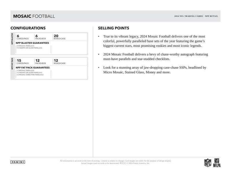 ONE PACK of 2024 Panini Mosaic NFL Football Fat Pack (Value or Cello)