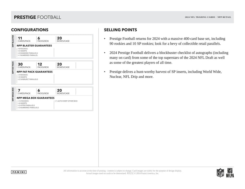 2024 Panini Prestige Football Blaster Box (8 Rookies + 1 Numbered + Diamond Parallels)