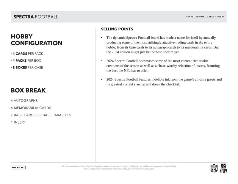 2024 Panini Spectra NFL Football Tracing Cards Hobby Box ( 4 Auto + 4 Mem )