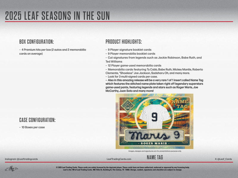2025 Leaf Seasons in the Sun Baseball Hobby Box (Babe Ruth, Jackie Robinson, and more)