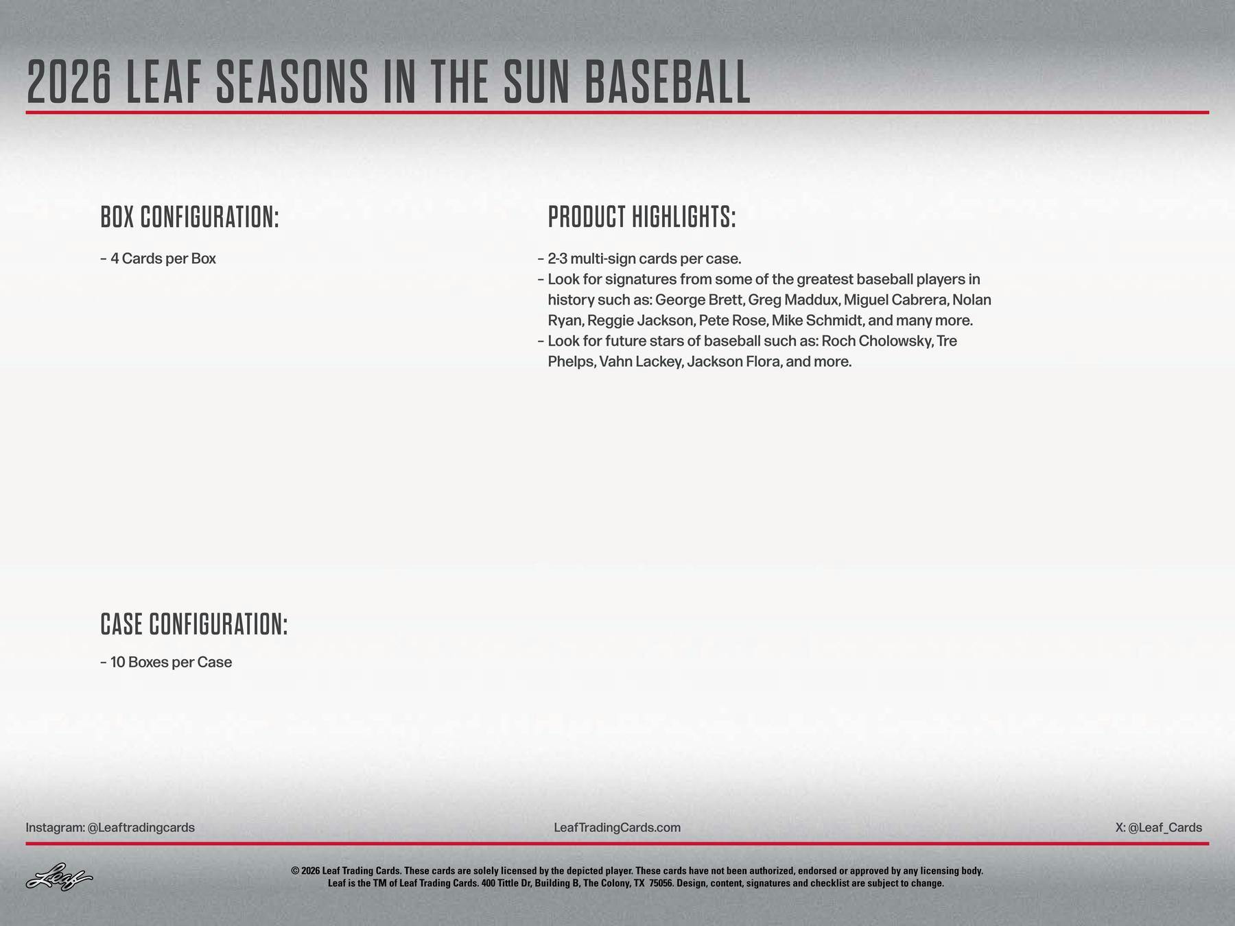 2026 Leaf Seasons in the Sun Baseball Hobby Box (4 Premium Hits)