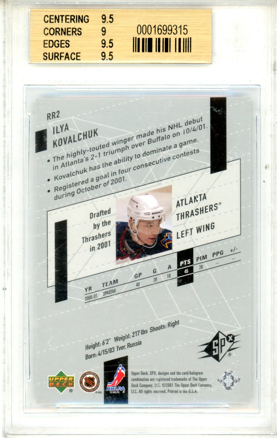 2000 SPx Rookie Redemption Ilya Kovalchuk EXCH #RR2 BGS 9.5