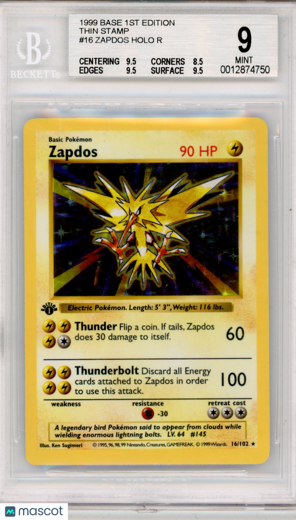 1999 Pokemon Base 1st Edition Thin Stamp Zapdos HOLO R #16 BGS 9