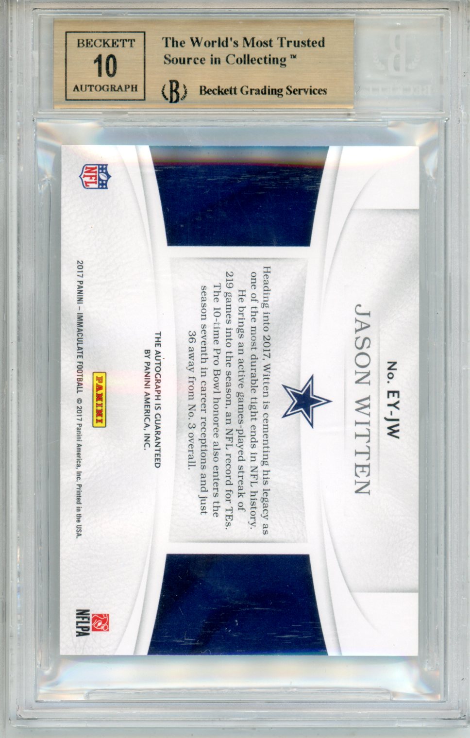 2017 Immaculate Collection Eye Black Autographs Jason Witten /99 #4 BGS 9.5