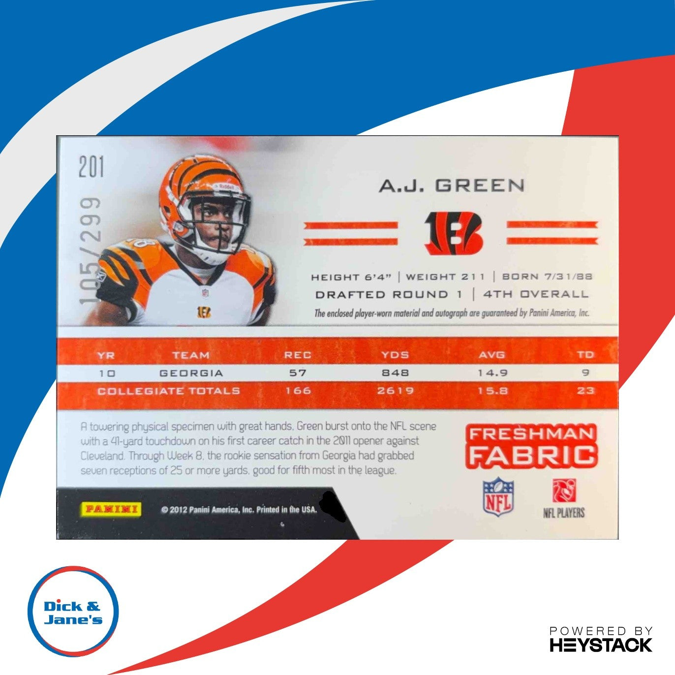 2011 Totally Certified #201 A.J. Green JSY AU /299 RC Rookie Auto Bengals