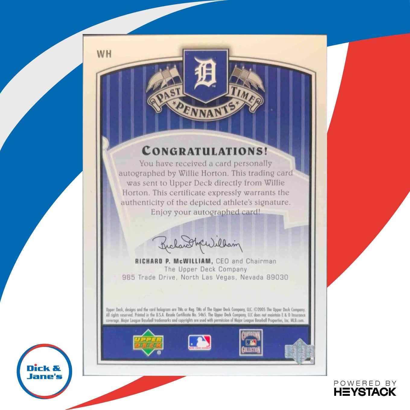 2005 Upper Deck Past Time Pennants Willie Horton Signatures Bronze Auto Tigers