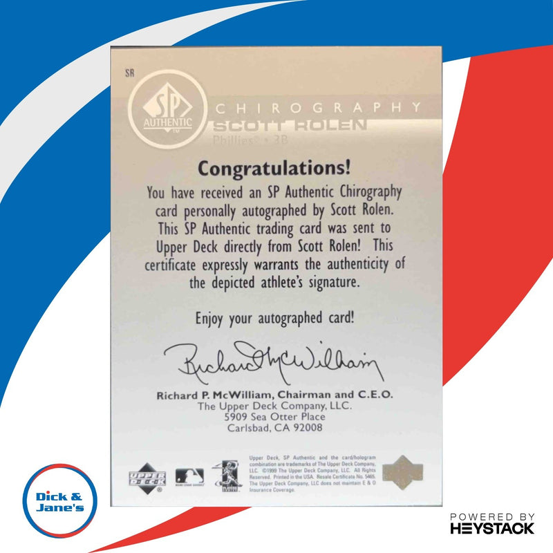 1999 SP Authentic Chirography Signature Scott Rolen Auto Philadelphia Phillies