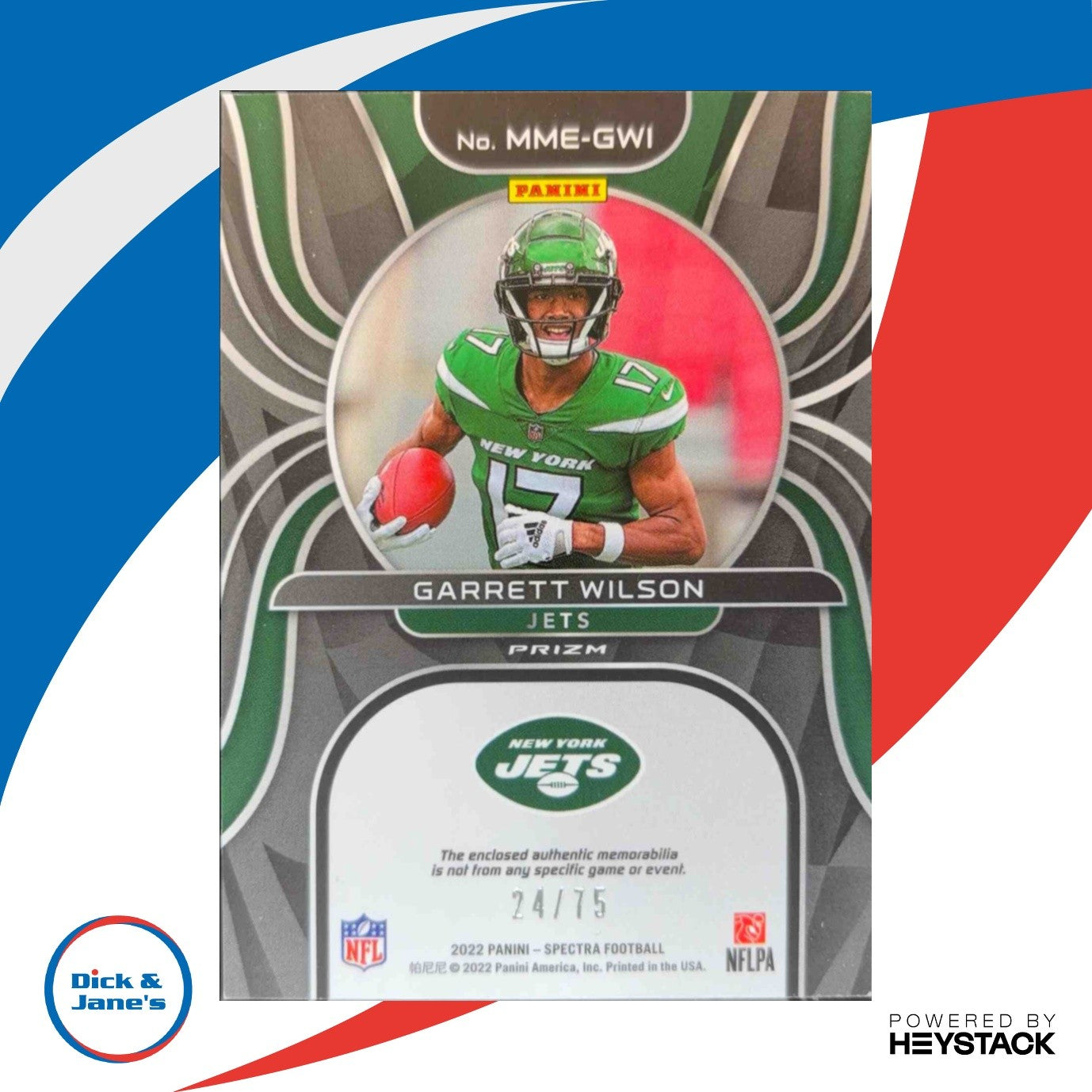 2022 Spectra Garrett Wilson Monumental Memorabilia Hyper 24/75 New York Jets